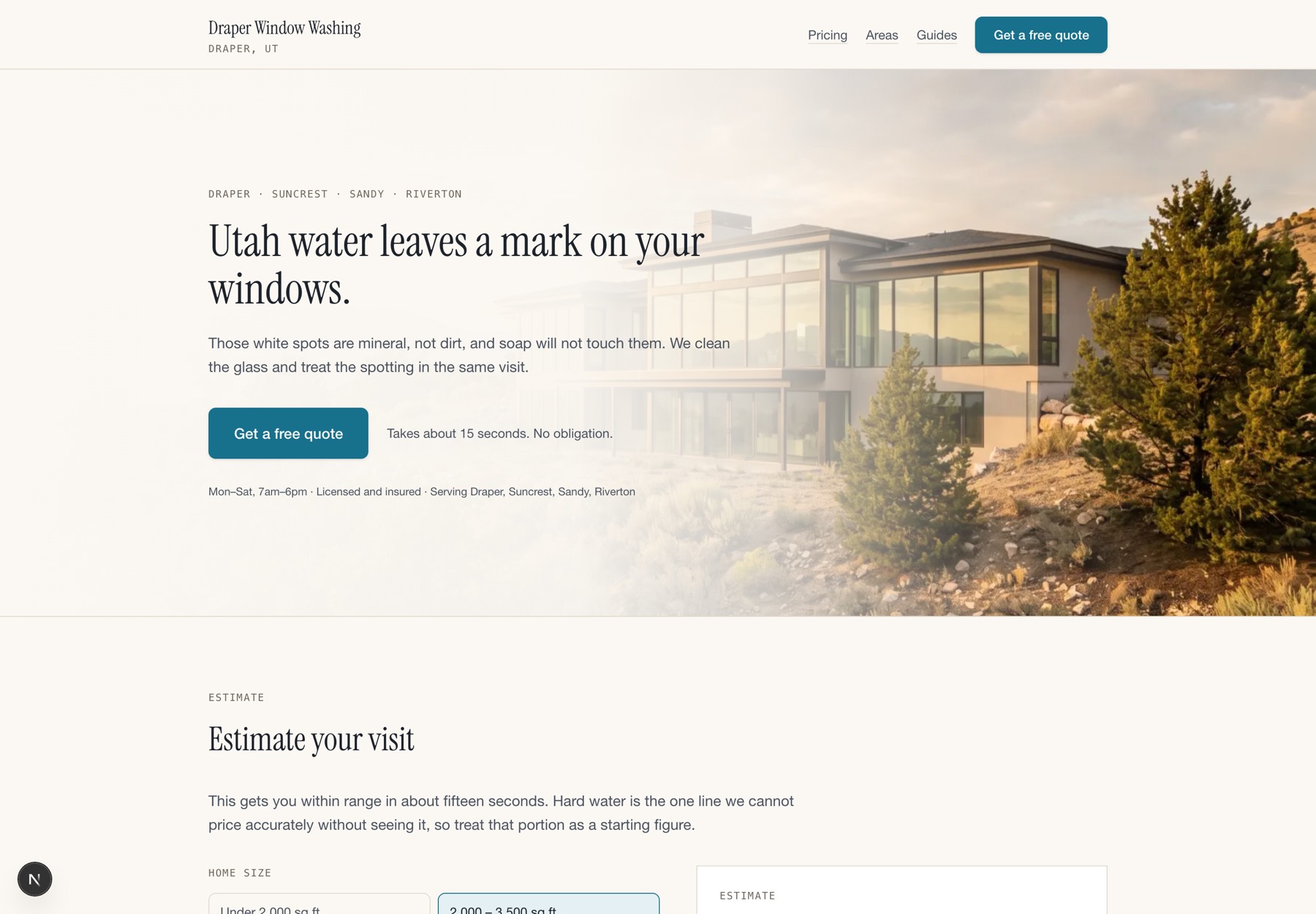 The Draper Window Washing site on a desktop screen. A large headline reading Utah water leaves a mark on your windows, a photograph of a hillside home, a quote button, and an instant estimate section below.