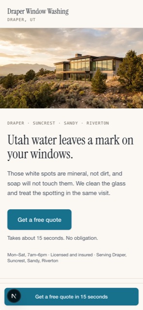 The same site on a phone, with the headline, the quote button and the start of the estimate form stacked in one column.